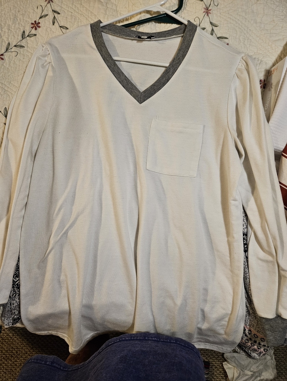 White V-Neck Long Sleeve Top with Gray Trim